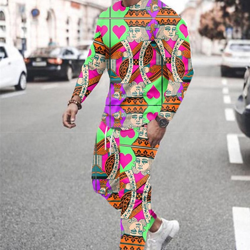 King Of Hearts Mens Graphic Hoodie Tracksuit Hoodies Set Geometric 2 Piece Print Sports & Outdoor Casual 3D Basic Streetwear Sportswear Clothing Apparel Playing Cards Colorful Green Cotton