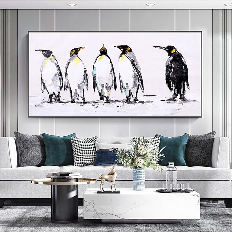 Oil Painting 100% Handmade Hand Painted Wall Art On Canvas Horizontal Abstract Penguins Animals Modern Home Decoration Decor Rolled Canvas No Frame Unstretched