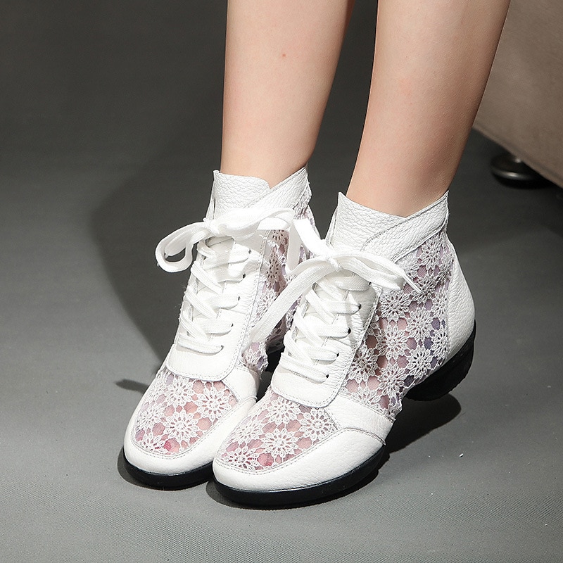 Women's Black and White Lace-Up Dance Boots with Floral Mesh Panels, Breathable Performance Shoes for Latin and Ballroom Dance4