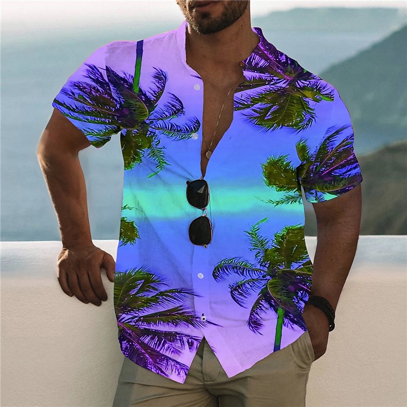 Men's Scenery Palm Tree Sunset Shirt Summer Hawaiian Shirt Aloha Shirt Short Sleeve Shirt Stand Collar Fashion Hawaiian Designer Outdoor Vacation Casual Light Pink Yellow Black / Purple 3D Print S M L3