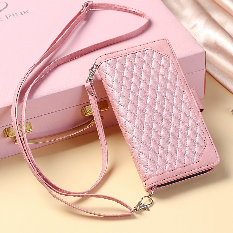 Phone Case For Samsung Galaxy S25 S24 S23 S22 S21 FE S21 Ultra Plus A14 A34 A54 A73 Handbag Purse Wallet Case Zipper with Removable Cross Body Strap With Card Holder Solid Colored Geometric Pattern