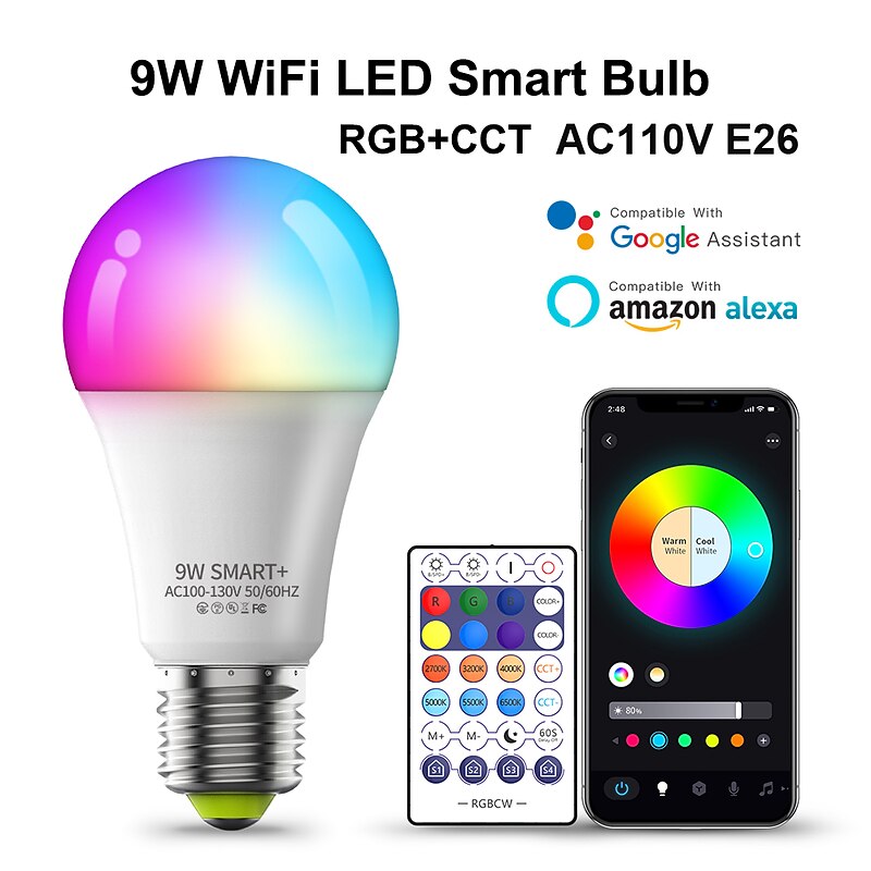6pcs 4pcs 2pcs 10W Smart WiFi LED Light Bulb RGBCCT Color Changing A19 A60 Dimmable Work with Alexa and Google Home Without Hub4
