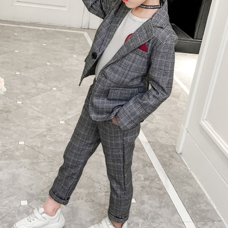 Girls' 3D Plaid Suit & Blazer Clothing Set Long Sleeve Summer Spring Active Preppy Style Kids 3-12 Years School Regular Fit3