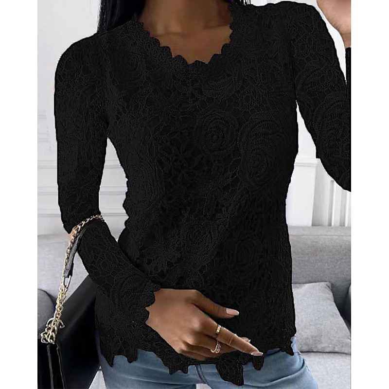 Women's Shirt Blouse White Eyelet Tops Black White Pink Plain Lace Long Sleeve Work Streetwear Casual Round Neck Regular Floral S4