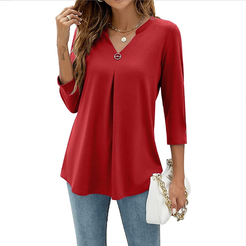 Women's Shirt Blouse Tunic Black White Pink Plain Flowing tunic 3/4 Length Sleeve Daily Weekend Streetwear Casual V Neck Regular S4