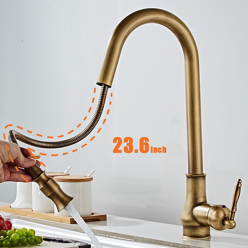 Pull Out Kitchen Faucet Sink Mixer with Sprayer, Antique 360° Swivel Single Handle One Hole Pull Down Kitchen Vessel Tap Deck Mounted, with Hot and Cold Water Hose3