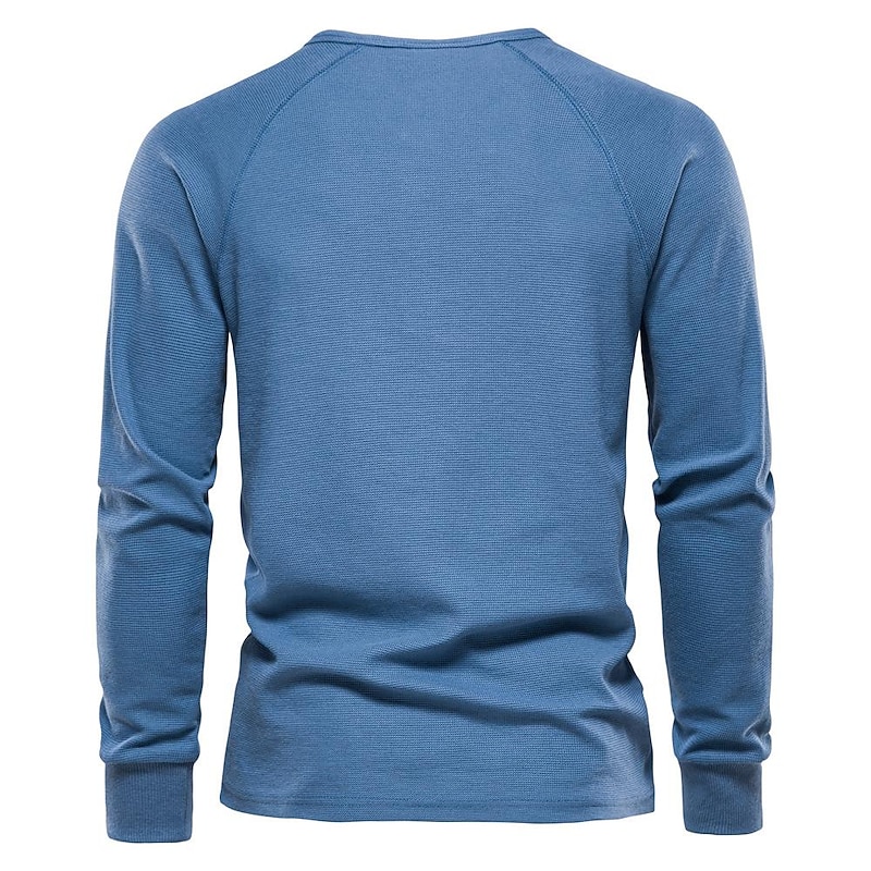 Men's Button T Shirt Henley Shirt Pullover Sweatshirt Long Sleeve Shirt Denim Blue White Navy Blue Orange Brown Clothing Apparel Essential Waffle4