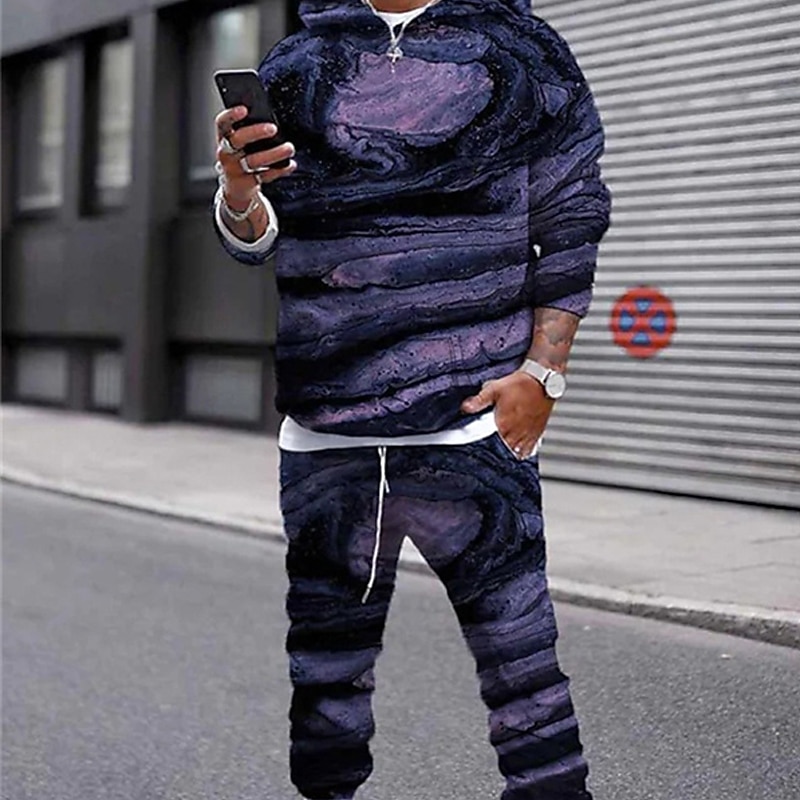Men's Tracksuit Hoodies Set Royal Blue Blue Purple Light Blue Hooded Graphic Universe 2 Piece Print Sports & Outdoor Casual Sports 3D Print Polyester Streetwear Sportswear Basic Spring Fall Clothing4