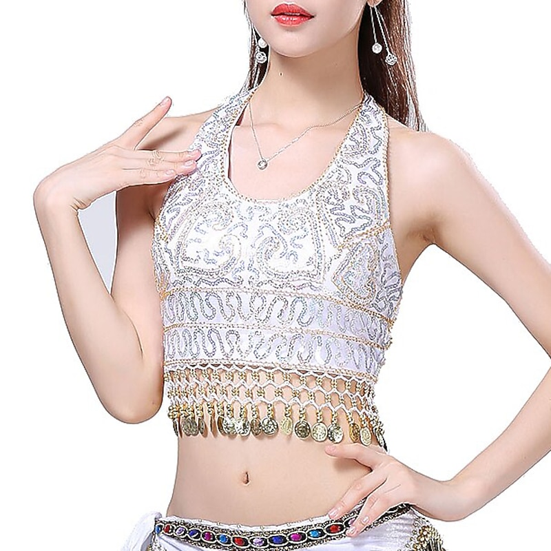 Belly Dance Top Gold Coin Paillette Sequins Women's Performance Training Milk Fiber