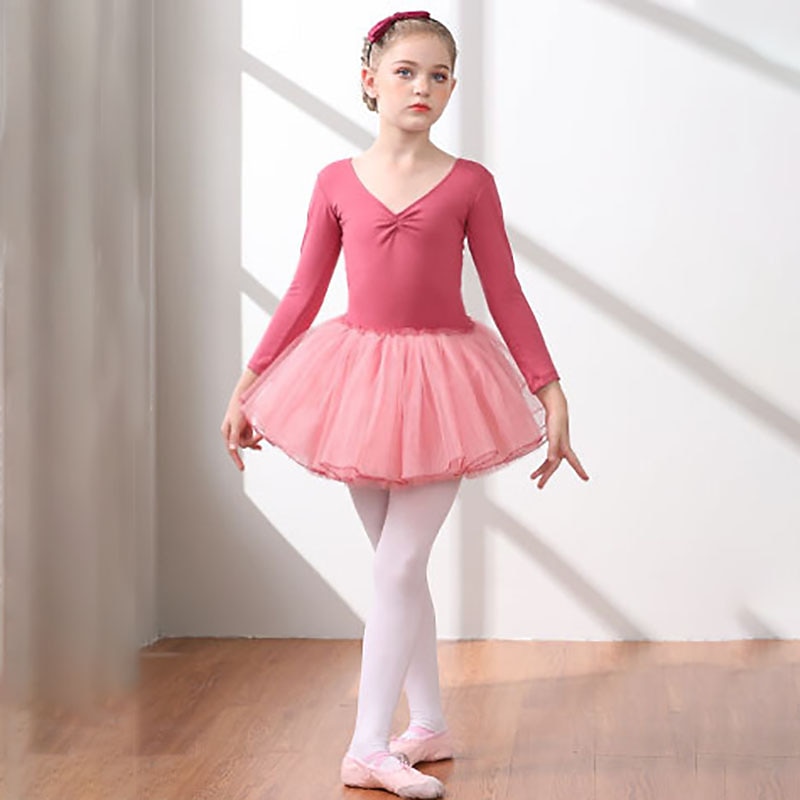 Kids' Dancewear Ballet Dress Pure Color Splicing Tulle Girls' Training Performance Long Sleeve High Cotton Blend Tulle2