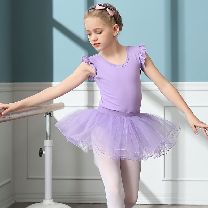 Kids' Dancewear Ballet Skirts Pure Color Splicing Tulle Girls' Training Performance Cap Sleeve High Cotton Blend Tulle3