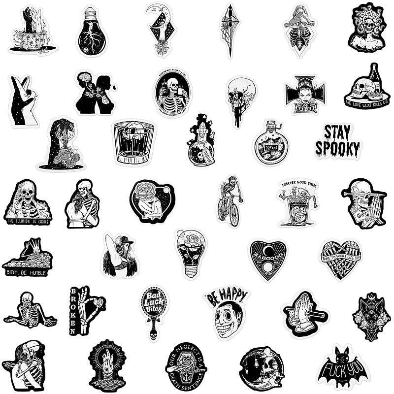 100 Pcs Cool Gothic Stickers for Adults Waterproof Punk Gothic Horror Stickers Pack Vinyl Goth Aesthetic Stickers for Water Bottle Hydro Flask Laptop Skateboard Computer (Black White)3