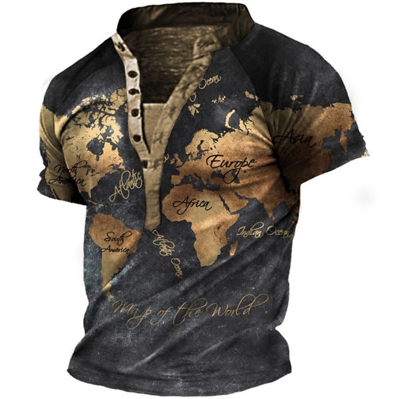 Men's T shirt Tee Henley Shirt Tee Graphic Map Henley Yellow Light Green Black / Brown Brown 3D Print Plus Size Outdoor Daily Short Sleeve Button-Down Print Clothing Apparel Designer Stylish Vintage2