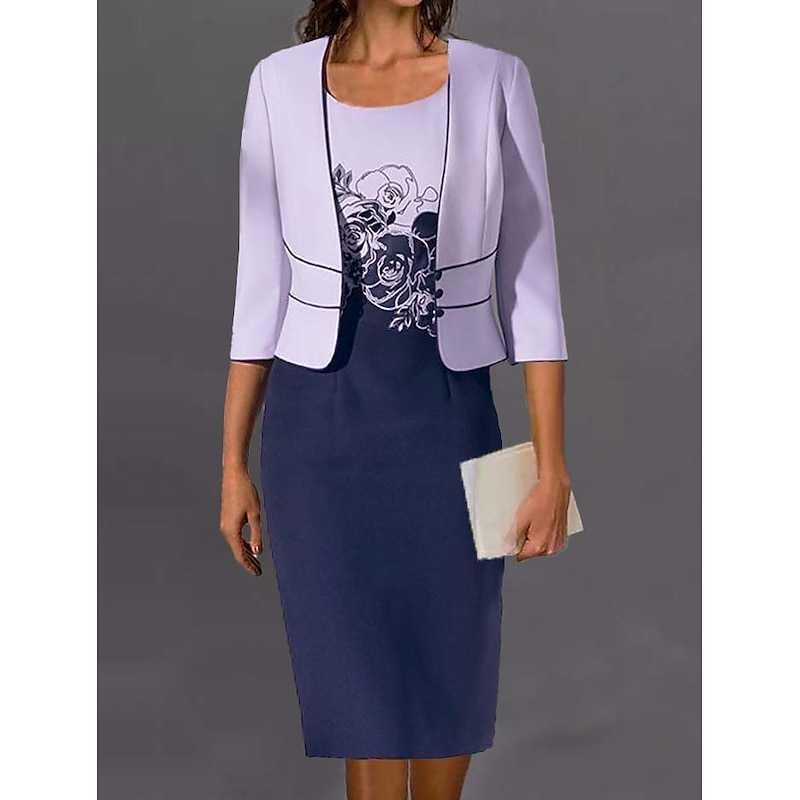 Women's Dress Set Two Piece Dress Floral Dress Midi Dress Purple 3/4 Length Sleeve Print Print Winter Fall Autumn Crew Neck Fashion Party Daily Wedding Guest 2023 S M L XL XXL 3XL