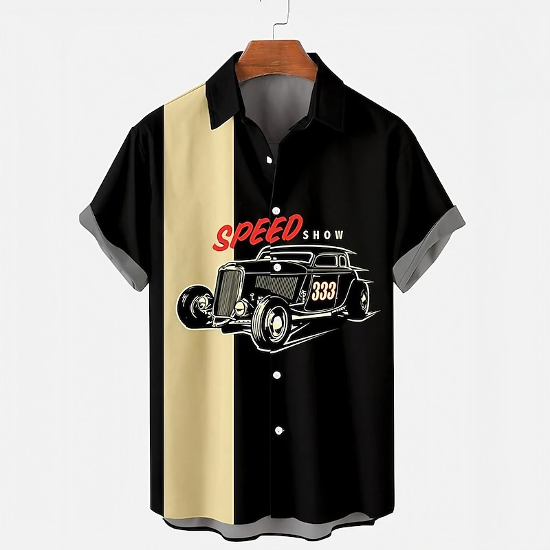 Men's Car Letter Shirt Summer Hawaiian Shirt Aloha Shirt Short Sleeve Shirt Turndown Vintage Fashion Designer Street Daily Holiday Black 3D Print S M L