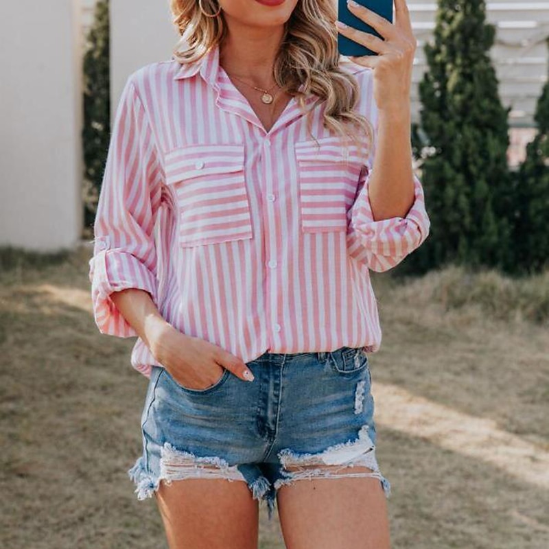 Women's Shirt Blouse Striped Streetwear Casual Long Sleeve Shirt Collar Regular Tops Office Work Business Buttons Pocket Print Black Yellow Pink Royal Blue Blue Spring Fall3