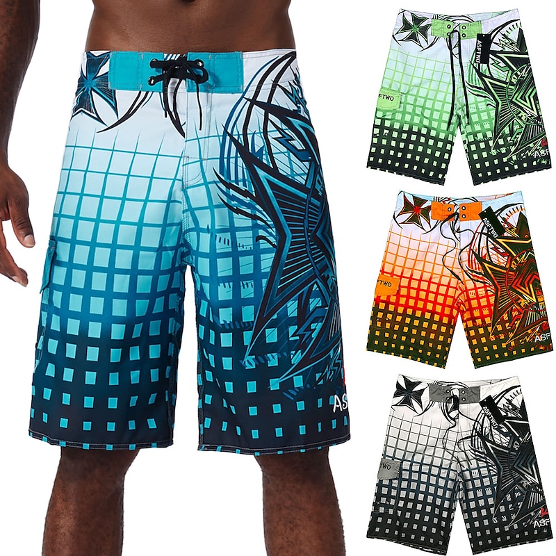 Men's Swim Trunks Swim Shorts Quick Dry Board Shorts Bathing Suit with Pockets Drawstring Swimming Surfing Beach Water Sports Grid Pattern Summer