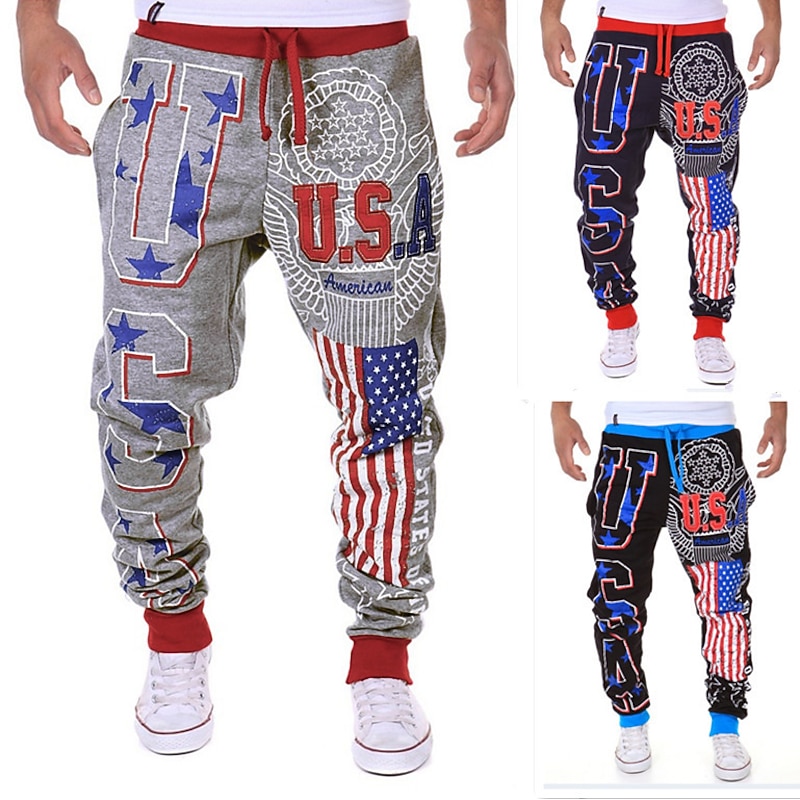 Men's Sweatpants Joggers Trousers Chinos Drawstring Elastic Waist Letter National Flag Full Length Weekend Basic Black Navy Blue Micro-elastic