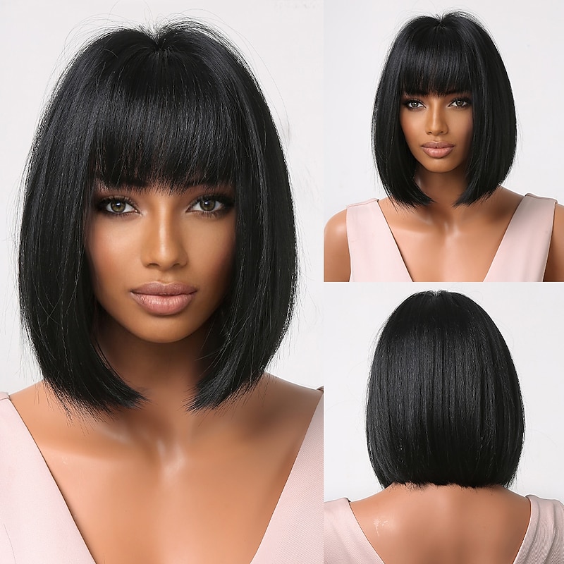 HAIRCUBE Hair Short BOB Black Wigs With Bangs for Women Natural Straight 12 inch Wigs Daily
