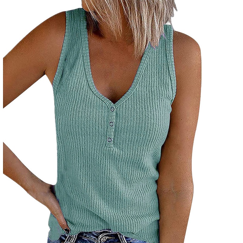 Women's Camisole Tank Top Going Out Tops Henley Shirt Vest Plain Streetwear Basic Beach Sleeveless V Neck Regular Tops Casual Daily Holiday Buttons Black White Pink Army Green Red4