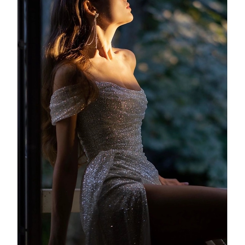 Beach Wedding Mermaid Evening Gown Sequin Dress Wedding Guest Prom Sweep / Brush Train Short Sleeve Off Shoulder Fall Wedding Reception Satin with Slit Masquerade Dress2