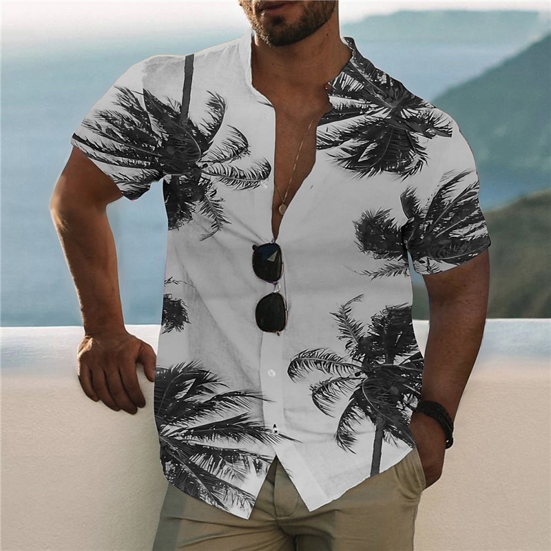 Men's Scenery Palm Tree Sunset Shirt Summer Hawaiian Shirt Aloha Shirt Short Sleeve Shirt Stand Collar Fashion Hawaiian Designer Outdoor Vacation Casual Light Pink Yellow Black / Purple 3D Print S M L4