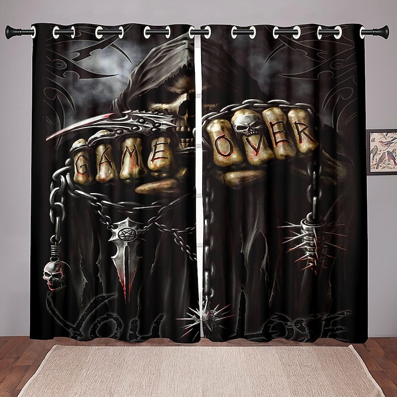 2 Panels Blackout Curtains Skull Printed Thermal Insulated Curtains for Bedroom Living Room Geometric Grommet Window Drapes Curtain Drapes4