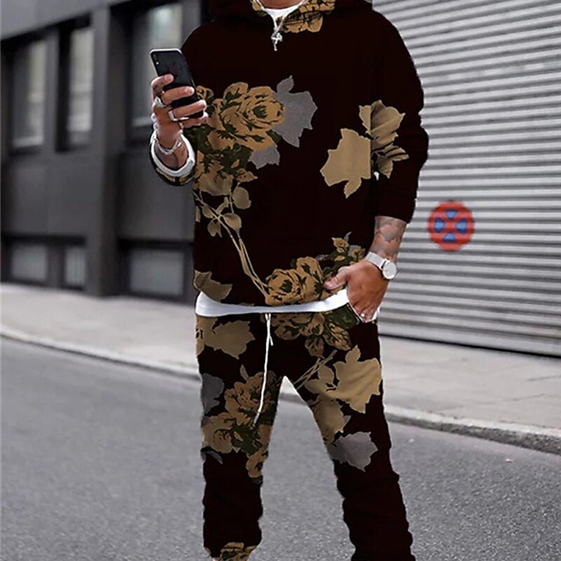 Men's Tracksuit Hoodies Set Blue Wine Red Brown Hooded Graphic Geometric 2 Piece Print Sports & Outdoor Casual Sports 3D Print Basic Streetwear Sportswear Fall Spring Clothing Apparel Hoodies4