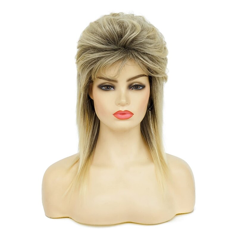 Beehive Wigs Mullet Wig Hair Metal Blonde Mullet Wigs for Women Ombre Black Curly Soft Heat Resistant Shoulder Length Hair 80s Rocker Cosplay Dark Roots Synthetic Wigs Halloween Wigs2