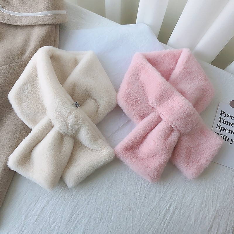 Women Winter Warm Thicken Scarfs Solid Color Faux Fur Plush Cross Collar Scarf Elegant Warm Fashion Accessories3
