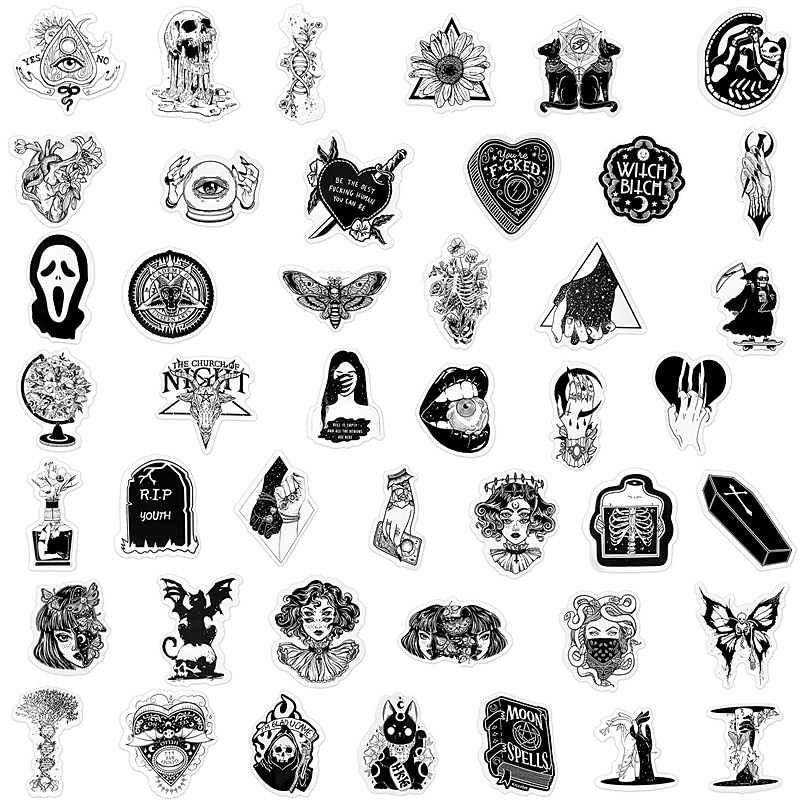 100 Pcs Cool Gothic Stickers for Adults Waterproof Punk Gothic Horror Stickers Pack Vinyl Goth Aesthetic Stickers for Water Bottle Hydro Flask Laptop Skateboard Computer (Black White)2