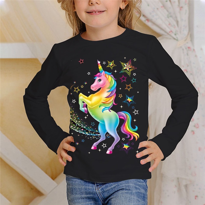 Girls' 3D Animal Unicorn T shirt Long Sleeve 3D Print Spring Fall Active Sports Fashion Kids 3-12 Years Outdoor Daily Indoor Regular Fit