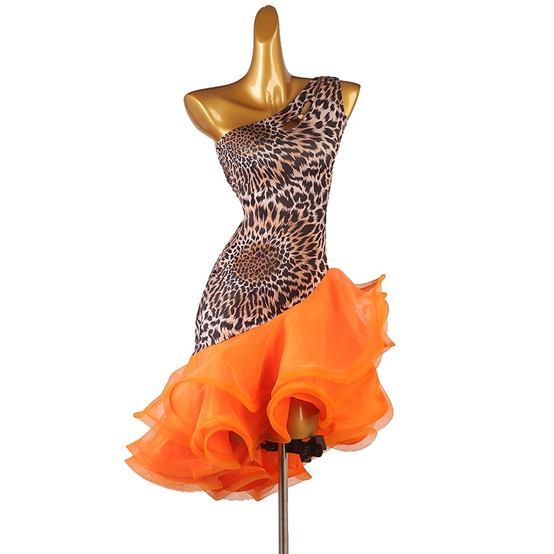 Dance Salsa Latin Dance Dress Cascading Ruffles Split Joint Women's Training Performance Sleeveless High Spandex Organza Salsa Leotard2