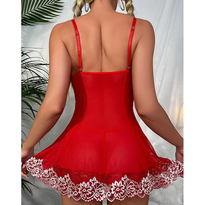 Women's Lingerie Babydoll V-Neck Satin Bow Sleeveless Red Sheer Lace Floral Intimate Nightwear Romantic Elegant Home Outfits2