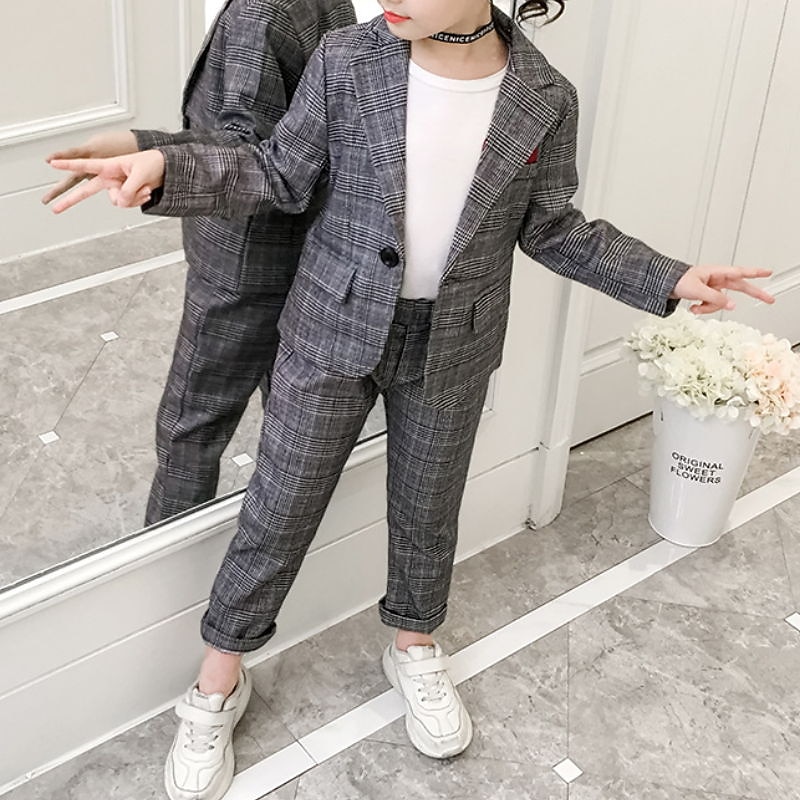 Girls' 3D Plaid Suit & Blazer Clothing Set Long Sleeve Summer Spring Active Preppy Style Kids 3-12 Years School Regular Fit