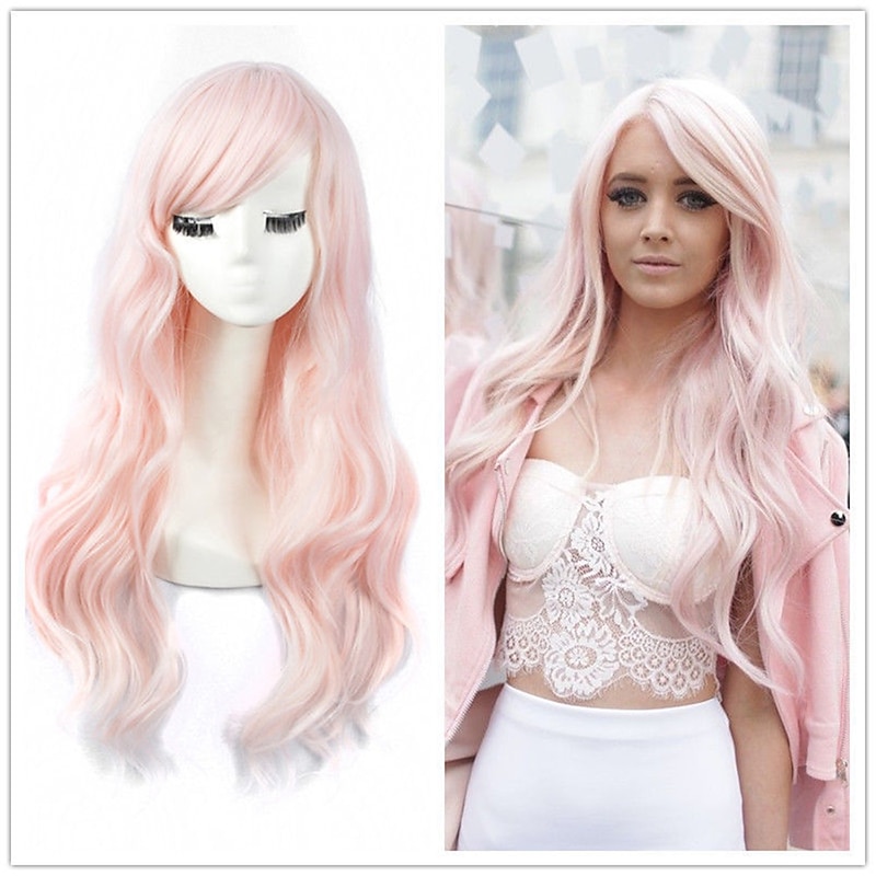 Synthetic Wig Wavy With Bangs Machine Made Wig Long Pink Synthetic Hair Women's Soft Classic Easy to Carry Pink / Daily Wear / Party / Evening Halloween Wigs