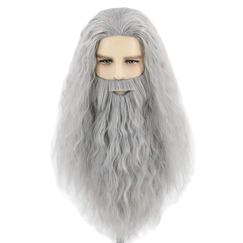 Mens Wigs and Beard Long Gray Cosplay   Wig