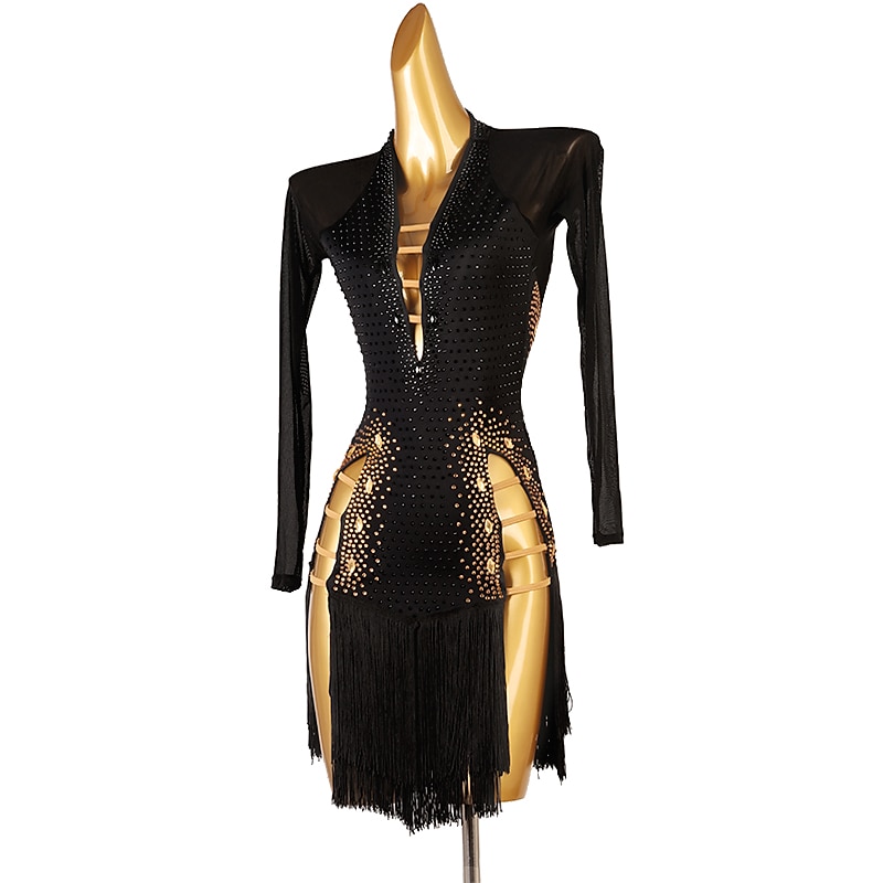 Latin Dance Dress Tassel Crystals / Rhinestones Women's Performance Long Sleeve Chinlon Mesh4