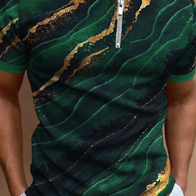 Men's Graphic Zip Polo Shirts Golf Shirt Short Sleeve Polo Shirts Collared Shirts Casual Vacation Wear Rave Wear Party Outfits 3D Print Quarter Zip Polo Dark Green Purple Green2