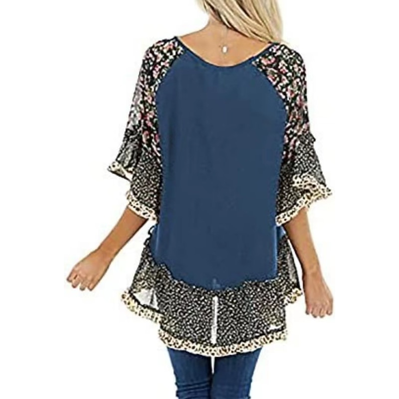 Women's Shirt Boho Shirt Tunic Blouse Floral Leopard Streetwear Casual 3/4 Length Sleeve Round Neck Regular Tops Daily Weekend Ruffle Print Flowing tunic Black White Light Green Blue Fuchsia3