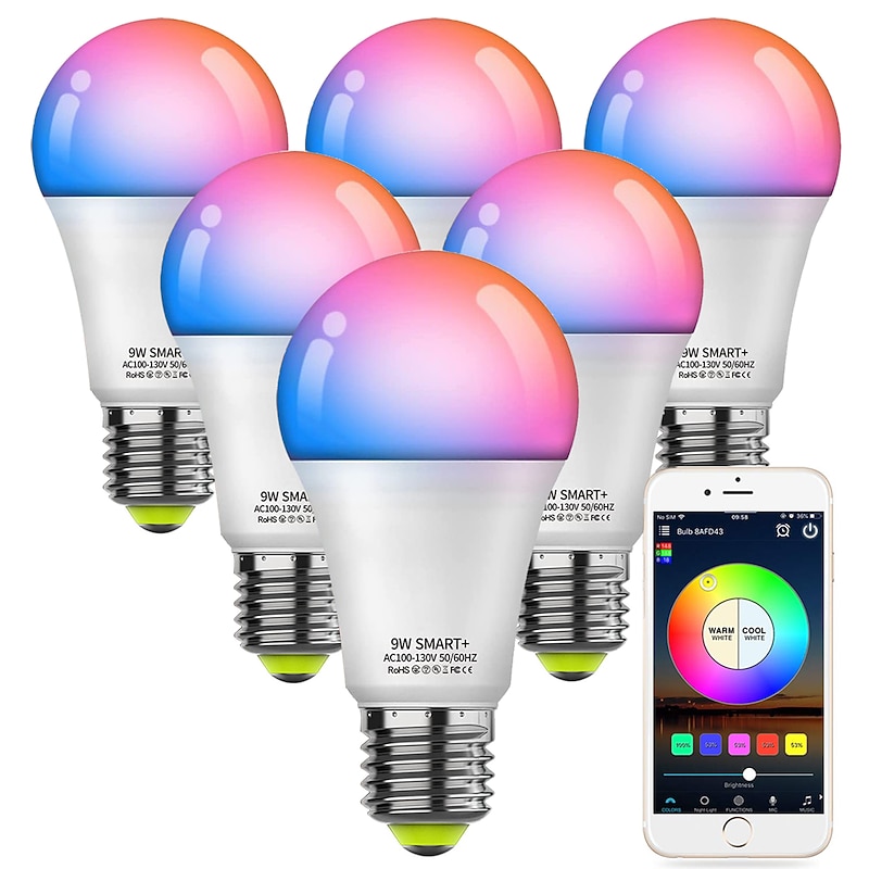 6pcs 4pcs 2pcs10W WiFi Smart LED Light Bulb Work with Alexa & Google Dimmable A19 A60 E26 E27 RGBCCT Color Changing No Hub Required3