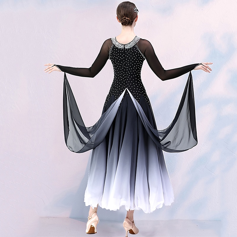 Ballroom Dance Competition  Dress Split Joint Crystals / Rhinestones Women's Training Performance Long Sleeve Mesh Spandex Chiffon4