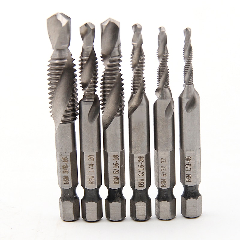 6pcs 1/8-3/8 Inch Thread HSS Combination Drill Tap Bit Set 1/4 Inch Hex Shank Deburr Countersink Bits4