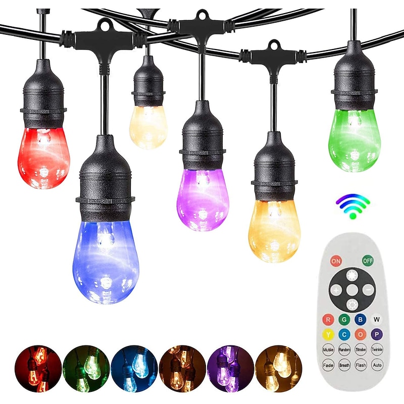 Globe String Lights 15m 15LEDs Outdoor RGB Color Changing 0.5W S14 Edison Shatterproof Plastic Bulbs IP65 Waterproof with Remote Control Suitable for Yard Porch Cafe Backyard Garden