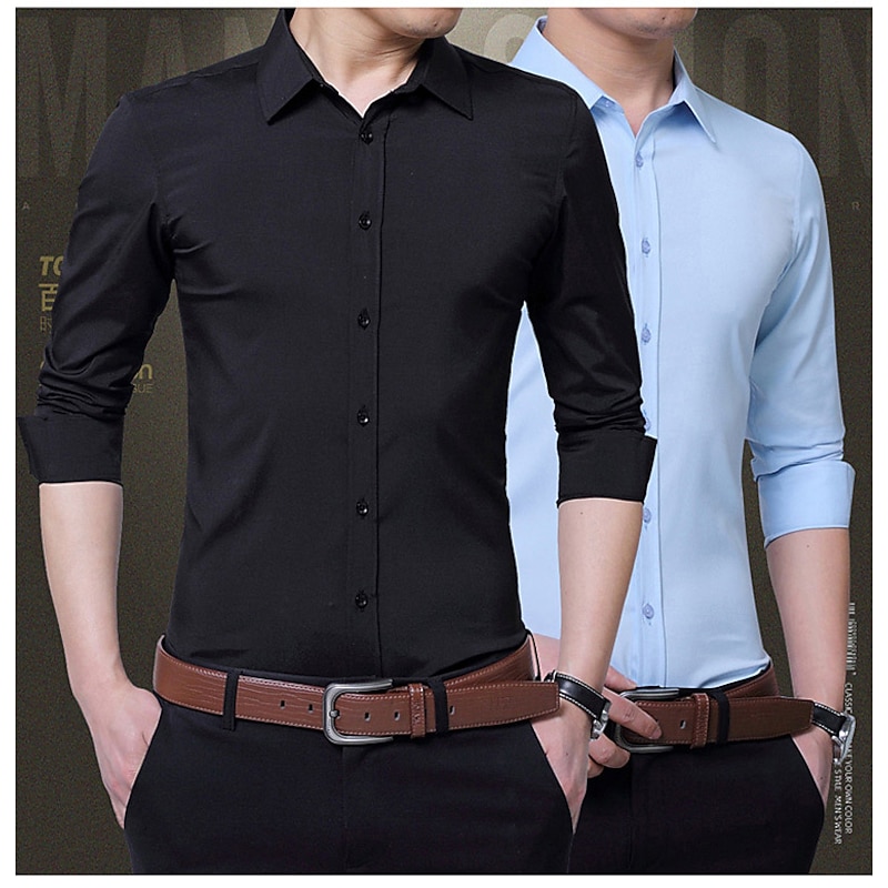 Men's Dress Shirt Non Iron Shirt Button Up Shirt Solid / Plain Color Wedding Formal Evening Wine Sea Blue Black White Long Sleeve Turndown Summer Spring Clothing Apparel Buckle - Main Image