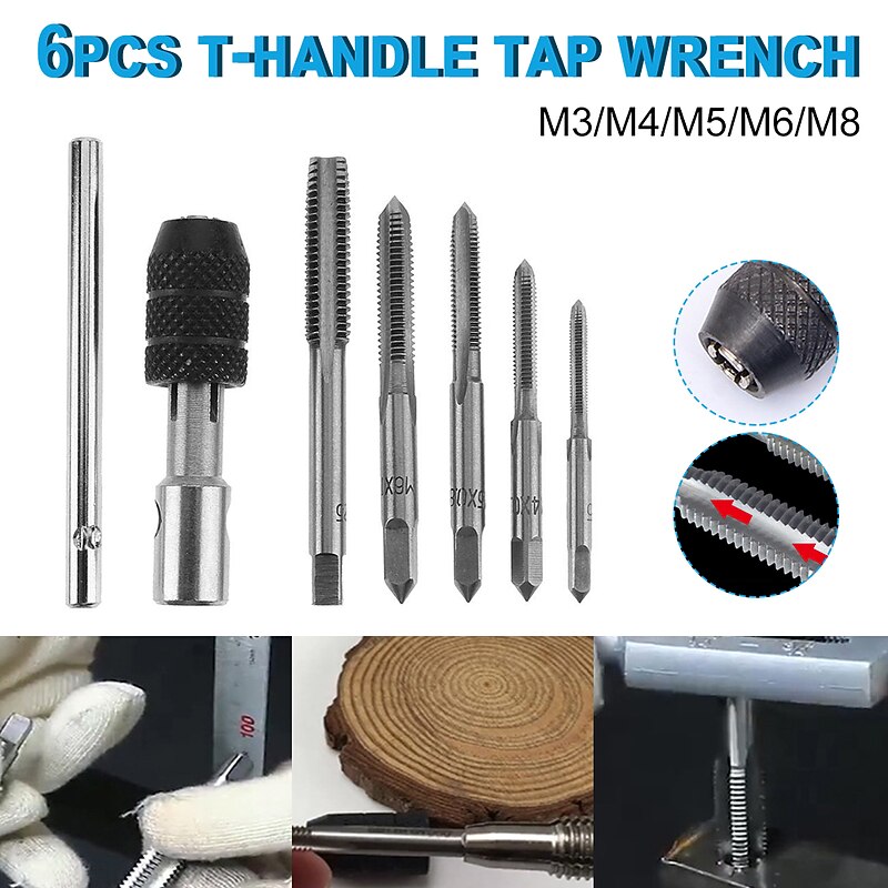 Portable 6pcs T-type Wrench Drill Set Hand Tapping Tools Machine Screw Thread Tap Twist Bit M3/M4/M5/M6/M8 Tap Set DIY Tool2