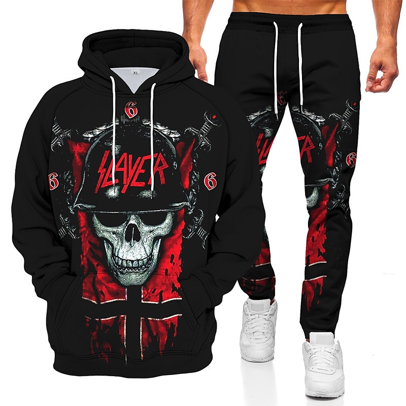 Men's Tracksuit Hoodies Set Blue Purple Gray Black Hooded Graphic Skull 2 Piece Print Sports & Outdoor Casual Sports 3D Print Basic Streetwear Sportswear Fall Spring Clothing Apparel Hoodies