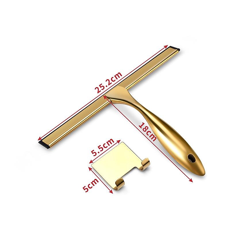 Shower Squeegee Window Glass Wiper Silicone Scraper Cleaner Stainless Steel Bathroom Mirror Wiper Scraper Glass Cleaning Accessories with Hook（Golden）3