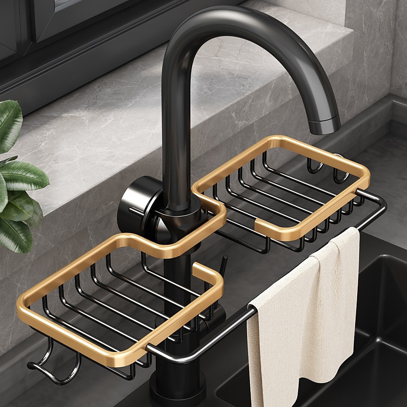 Kitchen Storage Rack Faucet Rack Black Gold Household Sink Dishwashing Sponge Rag Drain Water Hanging Basket Sink