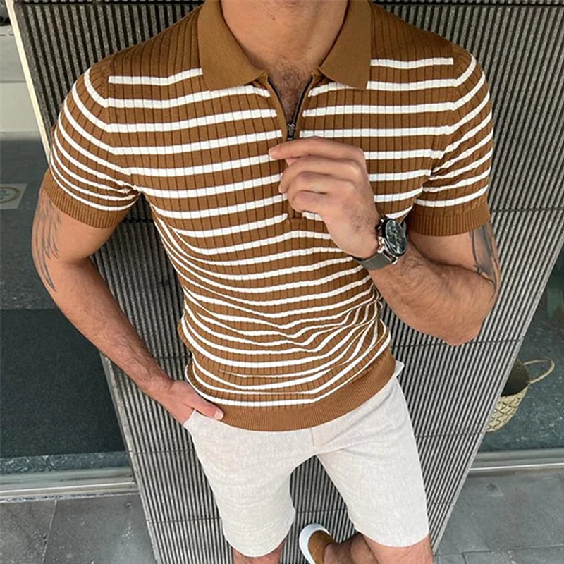 Men's Polo Shirt Golf Shirt Street Casual Zip Quarter Zip Short Sleeve Fashion Designer Striped Zipper Quarter Zip Summer Spring Fall Regular Fit Brown Polo Shirt2